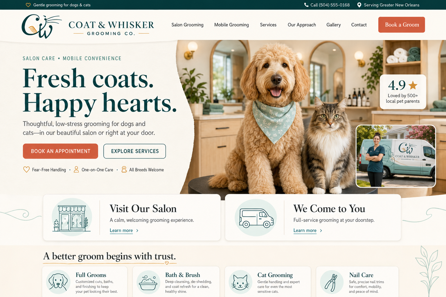 Coat & Whisker Grooming Co. custom website design screenshot